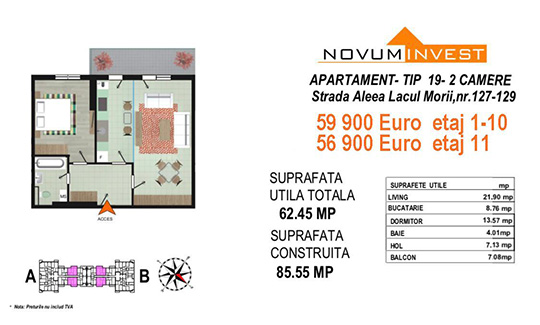Apartament 2 camere Tip 19 Scara A&B - Lacul Morii Bloc 2
