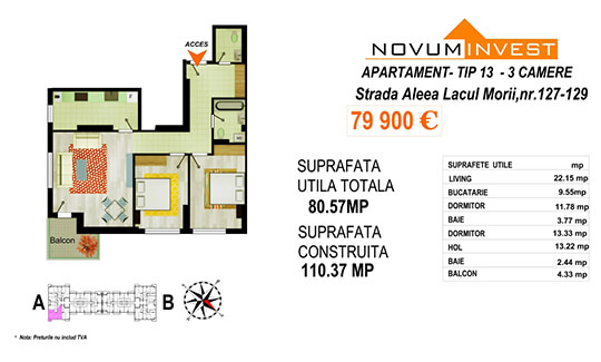 Apartament 3 camere Tip 13 Scara A - Lacul Morii Bloc 2