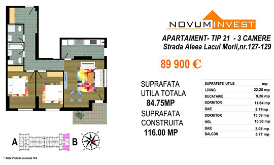 Apartament 3 camere Tip 21 Scara B - Lacul Morii Bloc 2
