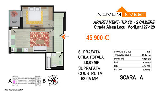 Apartament 2 camere Tip 12  Scara A - Lacul Morii