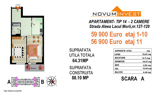 Apartament 2 camere Tip 14 Scara A&B - Lacul Morii