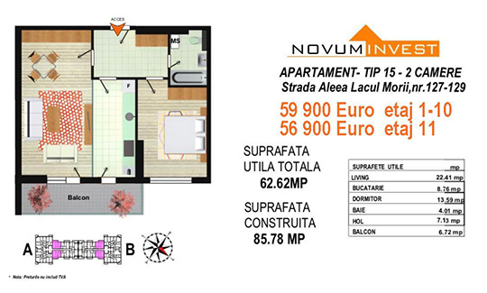 Apartament 2 camere Tip 15 Scara A&B - Lacul Morii