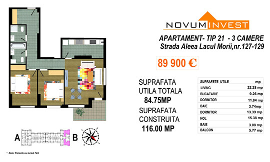 Apartament 3 camere Tip 21 Scara B - Lacul Morii