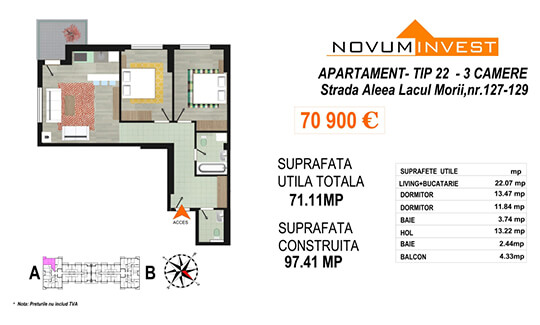 Apartament 3 camere Tip 22 Scara A - Lacul Morii