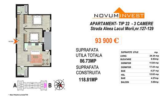 Apartament 3 camere Tip 22 Scara B - Lacul Morii