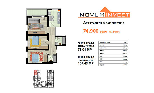 Apartament 3 camere Tip 3 - Lacul Morii