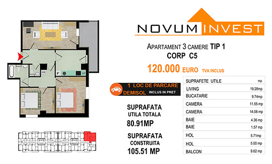 3 camere Tip 1 corp C5 - Splaiul Independentei