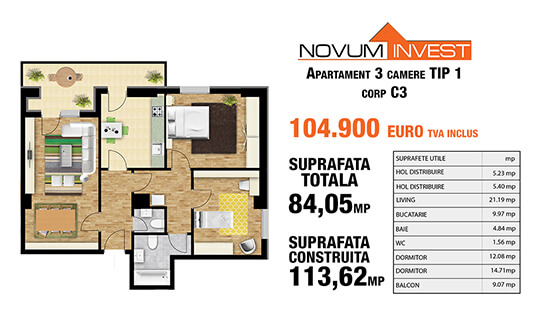 3 camere Tip 1 Corp C3 - Splaiul Independentei