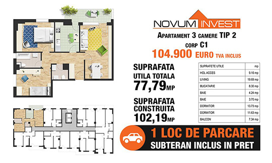 3 camere Tip 2, corp C1 - Splaiul Independentei Bloc 1