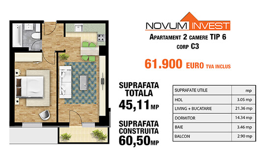 2 camere Tip 6 Corp C3 - Splaiul Independentei Bloc 2