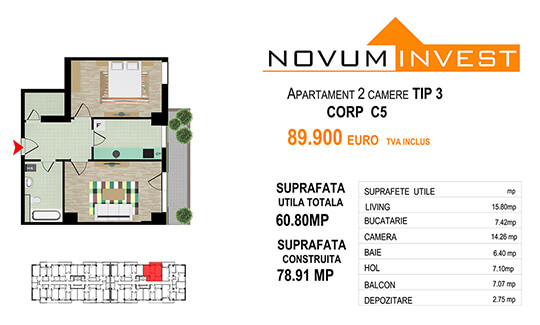 2 camere Tip 3 corp C5 - Splaiul Independentei Bloc 3