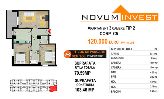 3 camere Tip 2 corp C5 - Splaiul Independentei Bloc 3