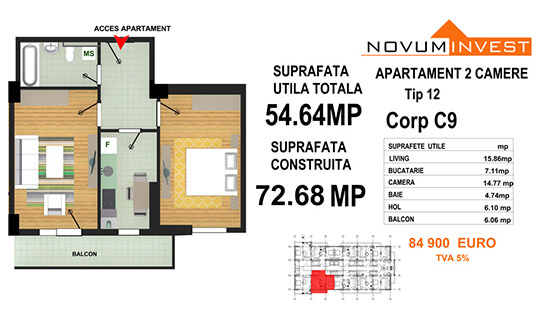 Apartament 2 camere Tip 12 - Corp C9 - Splaiul Independentei Bloc 5