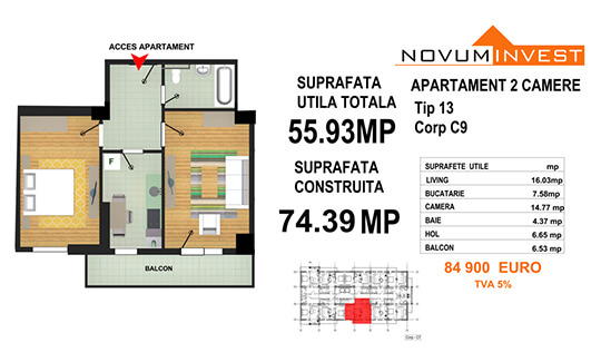 Apartament 2 camere Tip 13 - Corp C9 - Splaiul Independentei Bloc 5