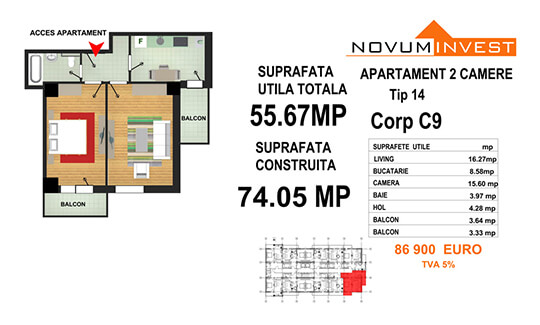 Apartament 2 camere Tip 14 - Corp C9 - Splaiul Independentei Bloc 5