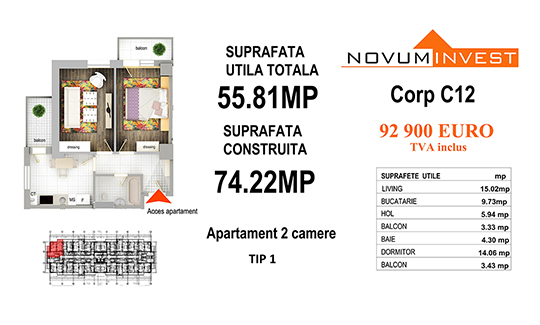 Apartament 2 camere Tip 1 - Corp C12 - Splaiul Independentei Bloc 6