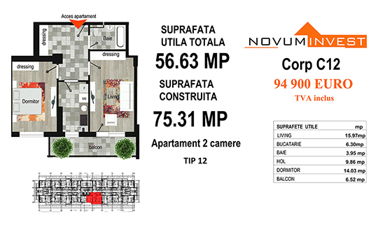 Apartament 2 camere Tip 12 - Corp C12 - Splaiul Independentei Bloc 6