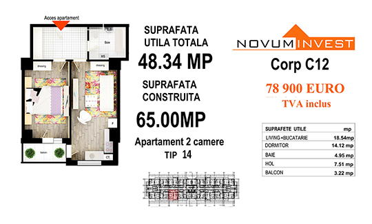 Apartament 2 camere Tip 14 - Corp C12 - Splaiul Independentei Bloc 6