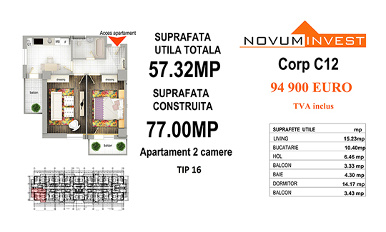 Apartament 2 camere Tip 16 - Corp C12 - Splaiul Independentei Bloc 6