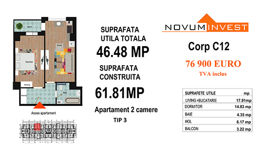 Apartament 2 camere Tip 3 - Corp C12 - Splaiul Independentei Bloc 6