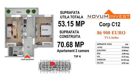 Apartament 2 camere Tip 4 - Corp C12 - Splaiul Independentei Bloc 6