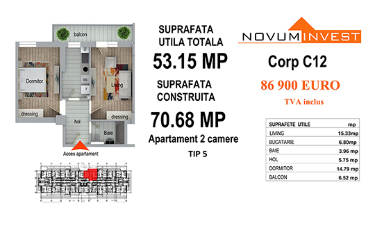 Apartament 2 camere Tip 5 - Corp C12 - Splaiul Independentei Bloc 6