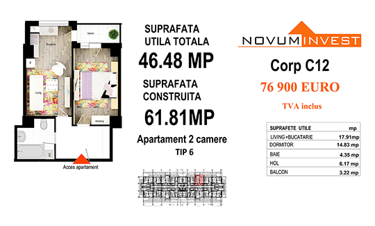 Apartament 2 camere Tip 6 - Corp C12 - Splaiul Independentei Bloc 6